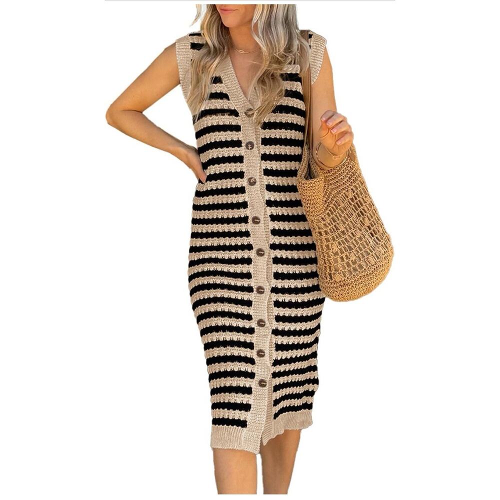 BLENCOT Women's V Neck Striped Summer Tank Dress Causal Sleeveless Button Cardi